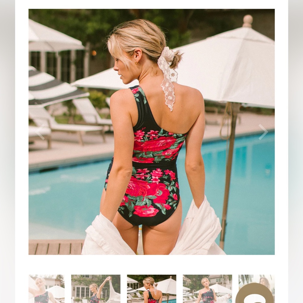 Albion Black One-Shoulder One-Piece Swimsuit with Red Floral Print